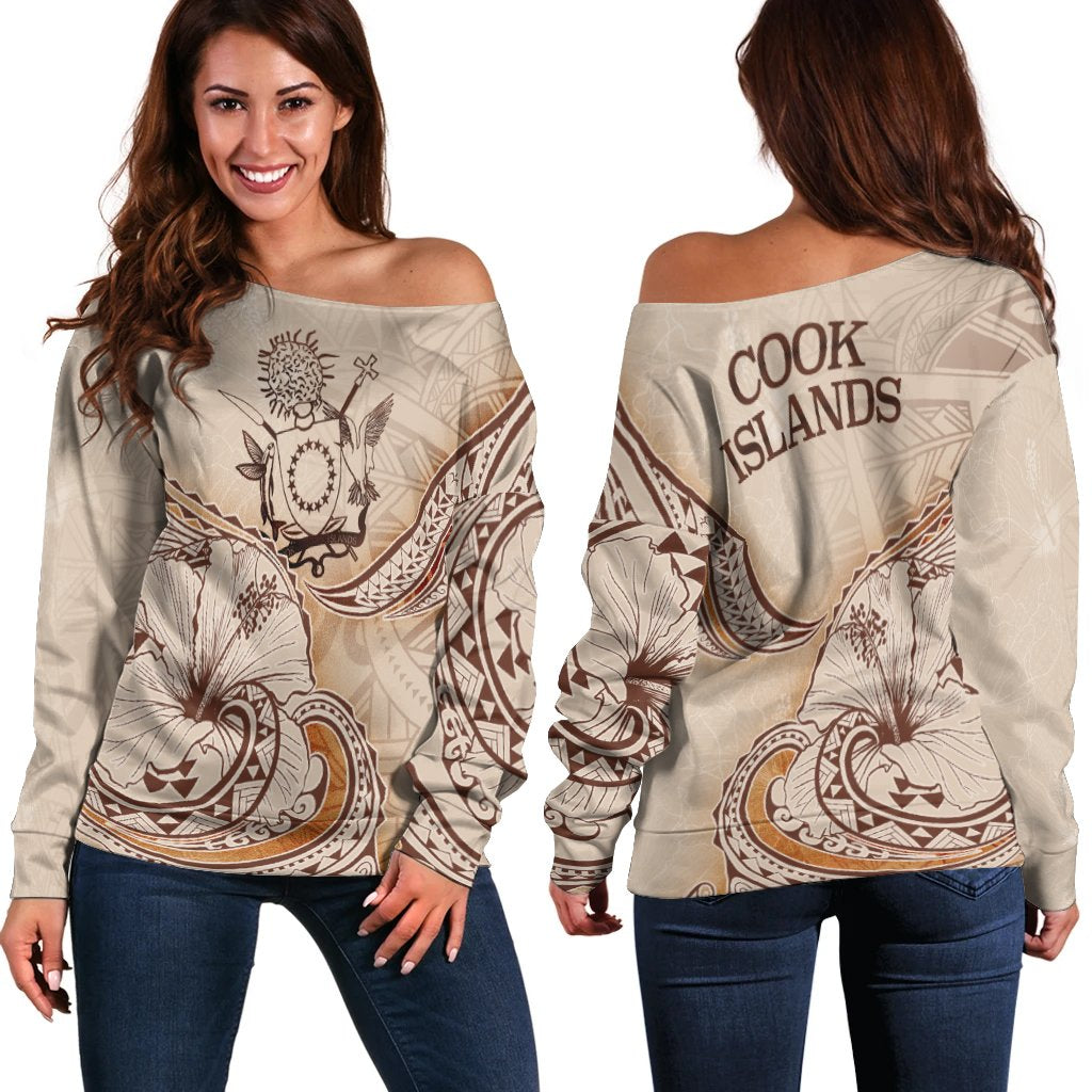 Cook Islands Women's Off Shoulder Sweater Hibiscus Flowers Vintage Style