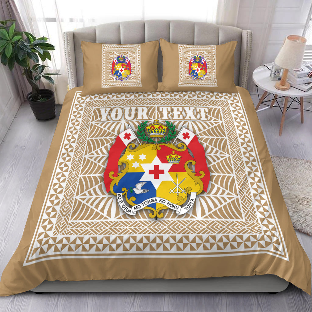 (Custom Personalised) Tonga Pattern Bedding Set Coat of Arms Beige and White