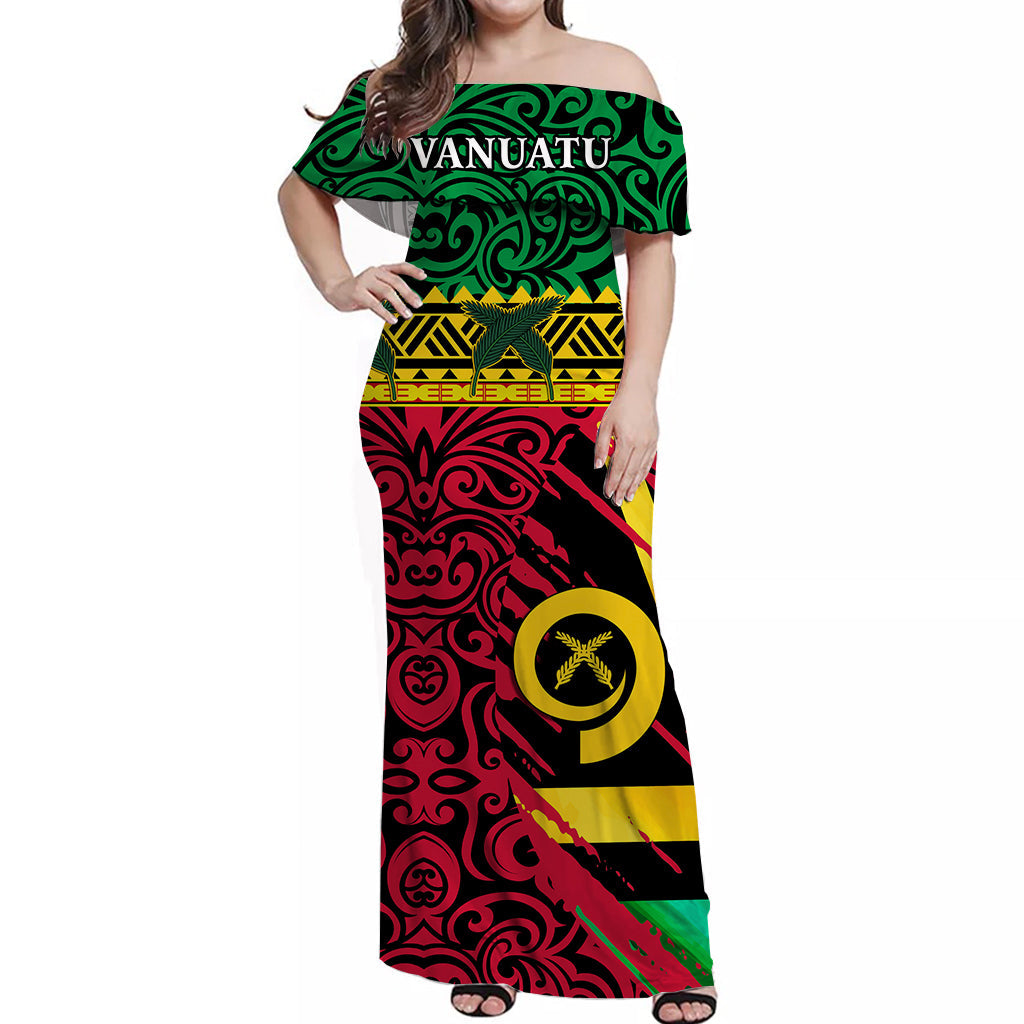 Vanuatu Dreamy Off Shoulder Long Dress Flag and Pattern