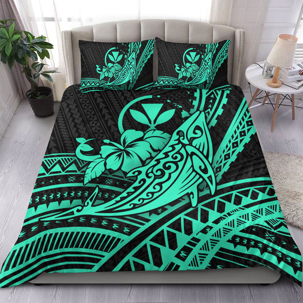 Hawaii Humpback Whale With Hibiscus Tribal Turquoise Bedding Set