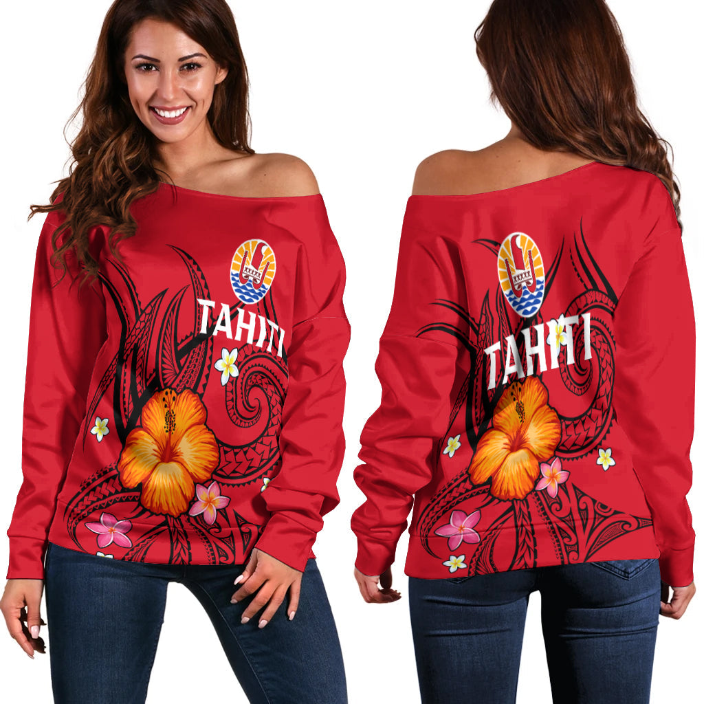 French Polynesia Women's Off Shoulder Sweater Hibiscus With Tribal