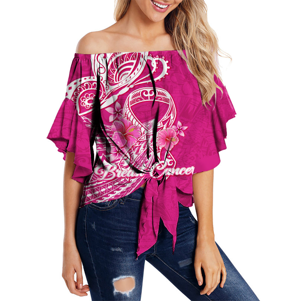 Breast Cancer Pink Ribbon Butterfly Polynesian Pink Version Off Shoulder Waist Wrap Top -