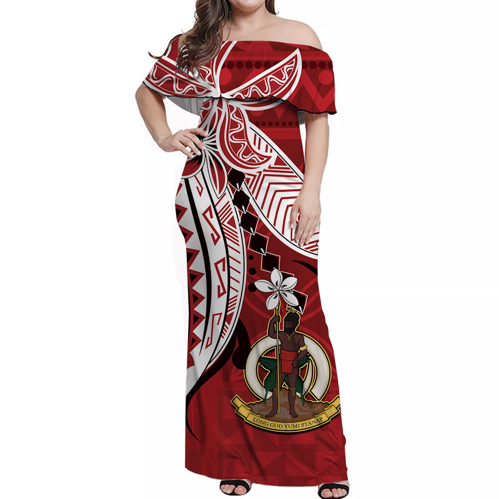 Vanuatu Color Off Shoulder Long Dress Coat of Arms Polynesian Red
