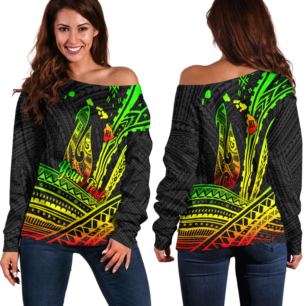 (Custom Personalised) Hawaii Fish Hook Polynesian Tribal Reggae Women Off Shoulder Sweater