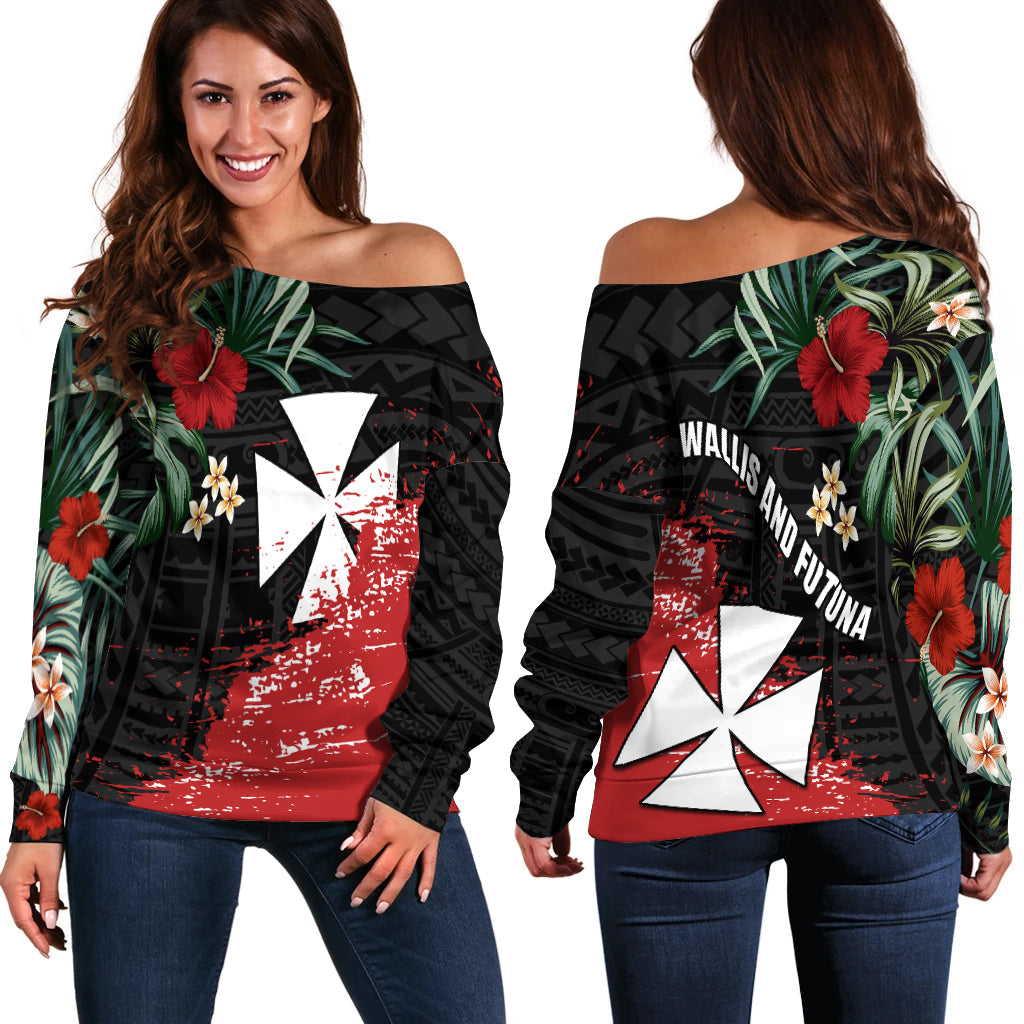 Wallis and Futuna Polynesian Off Shoulder Sweater Fantastic Flowers