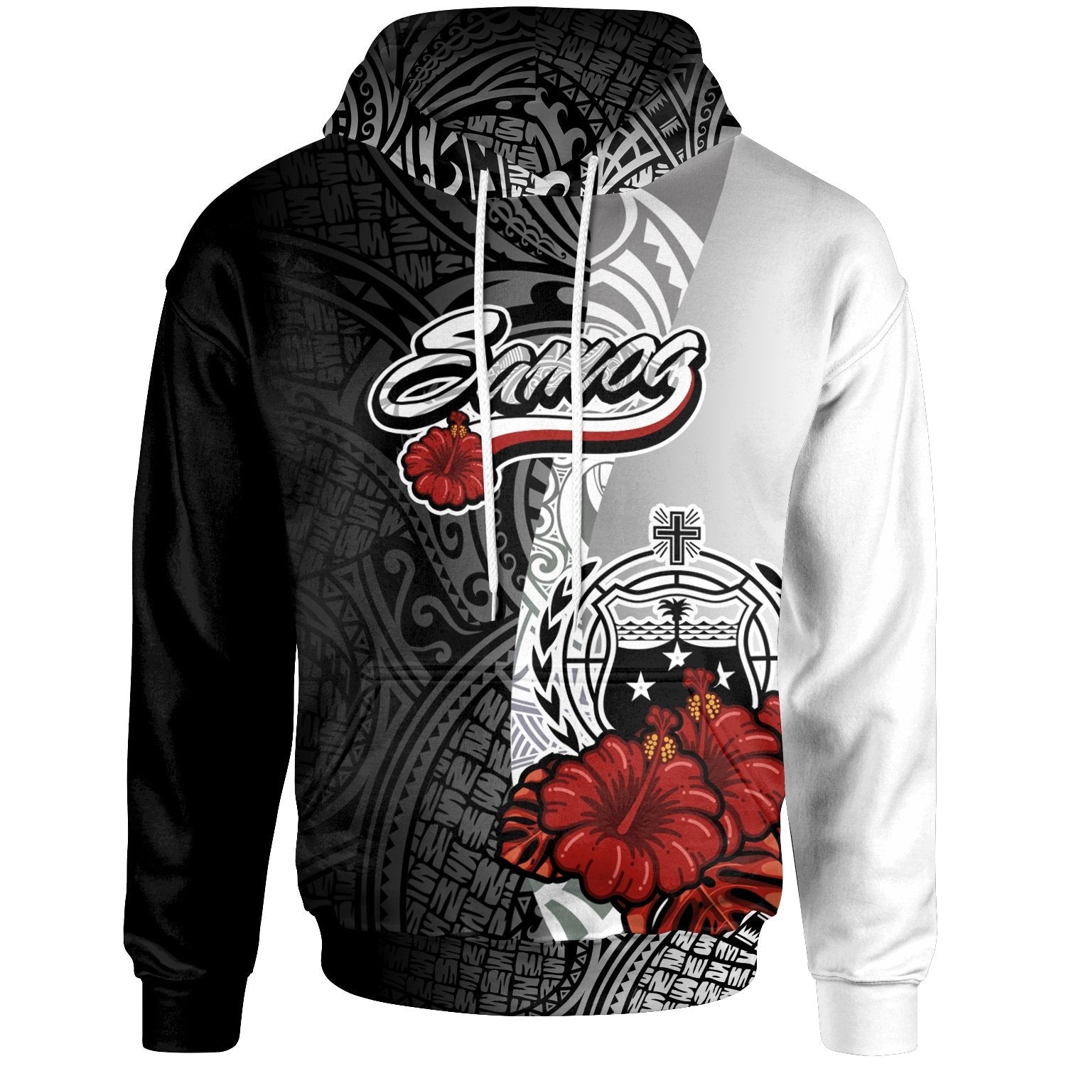 Samoa Polynesian Hoodie Coat Of Arm With Hibiscus White