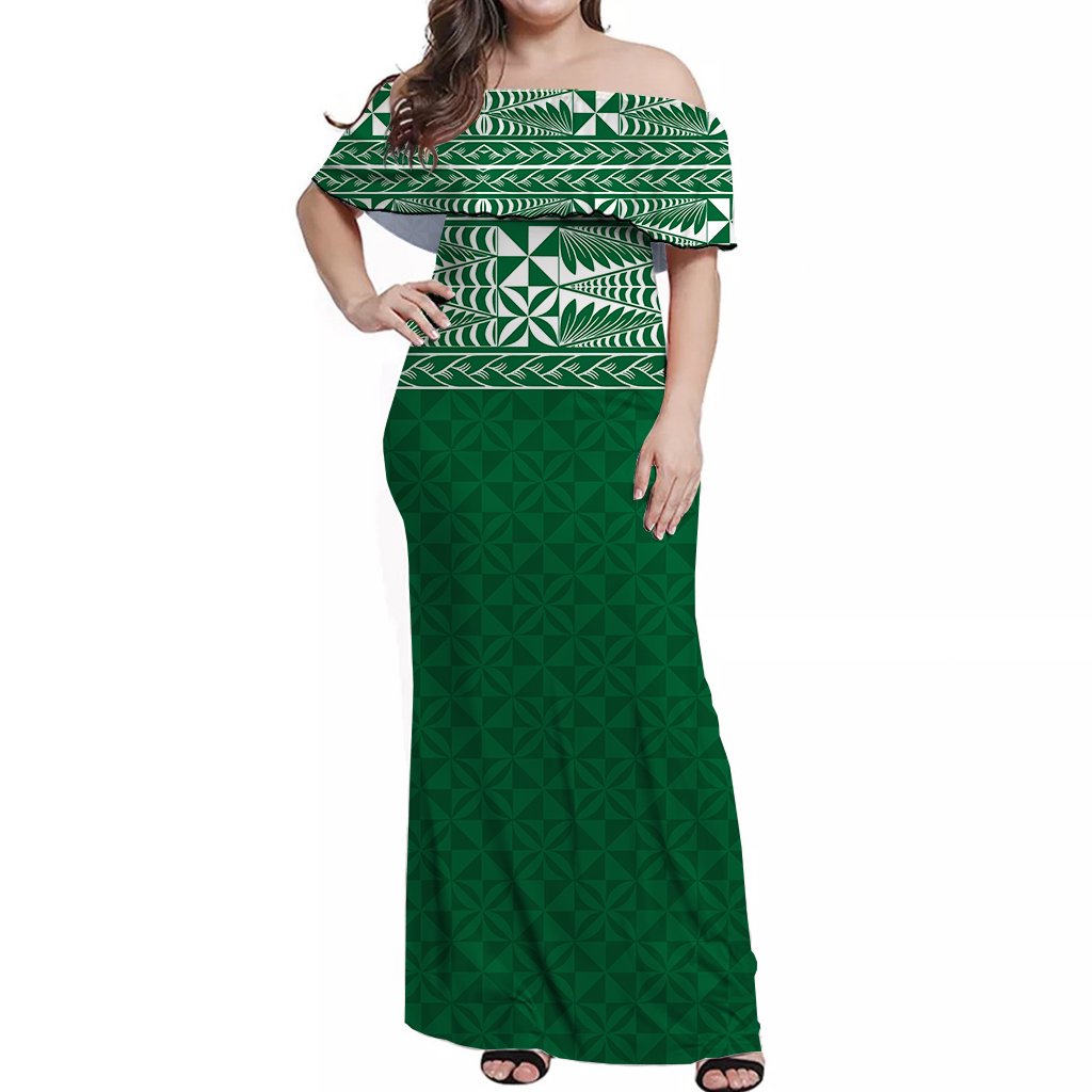 Tonga Off Shoulder Long Dress Tongan Pattern Green