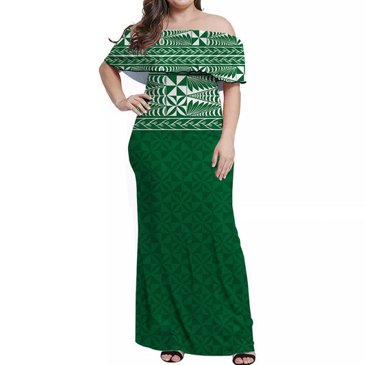 Tonga Off Shoulder Long Dress Tongan Pattern Green