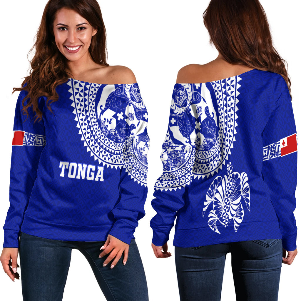Tonga Women Off Shoulder Sweater Tongan Blue Turtle