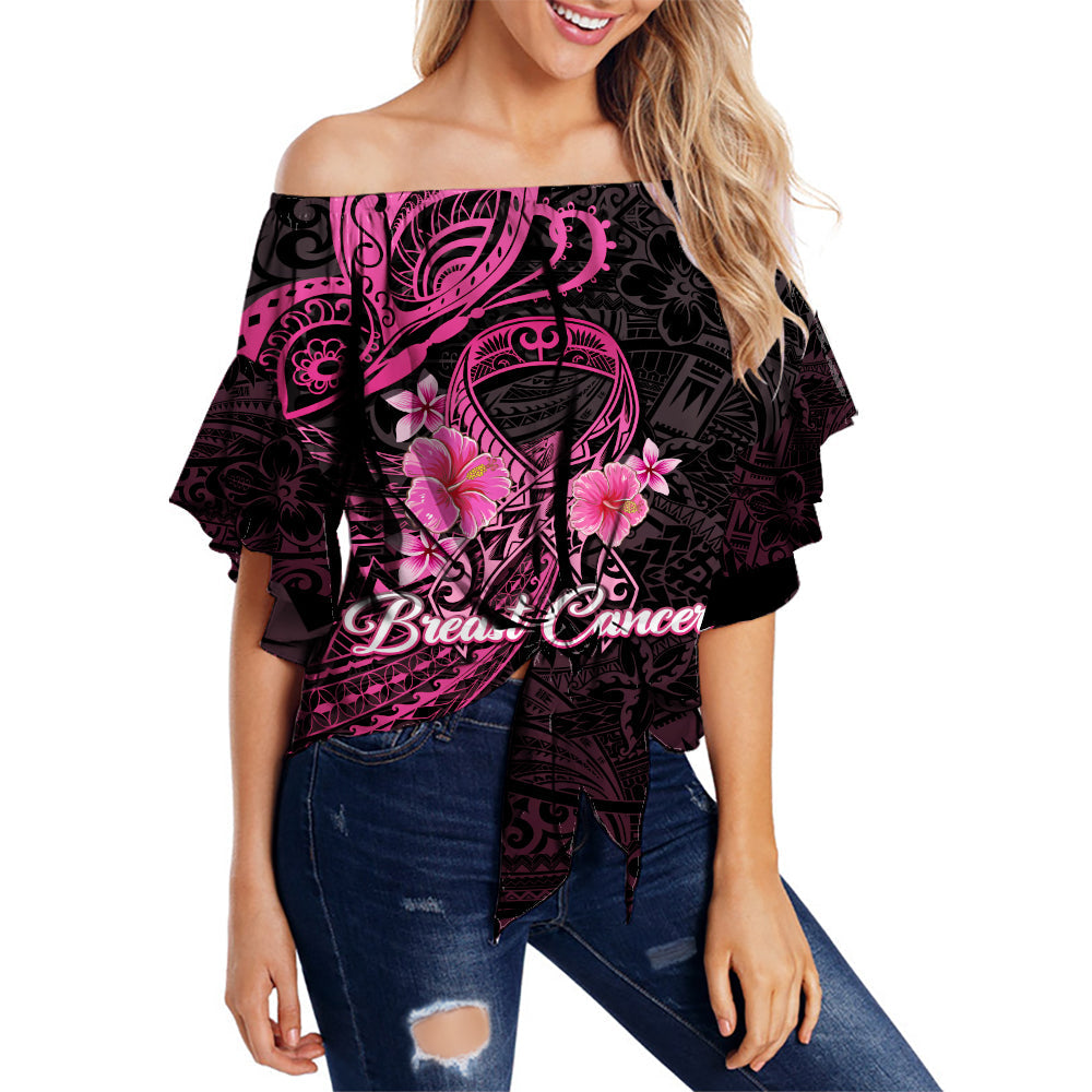 Breast Cancer Pink Ribbon Butterfly Polynesian Black Version Off Shoulder Waist Wrap Top -