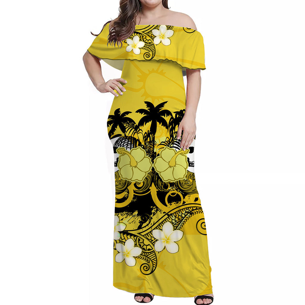 Hawaii Skull Off Shoulder Long Dress Mysterious Polynesia and Yellow Flowers