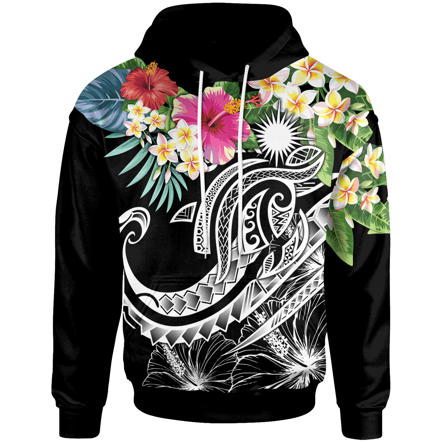 Marshall Islands Polynesian Hoodie Summer Plumeria (Black)