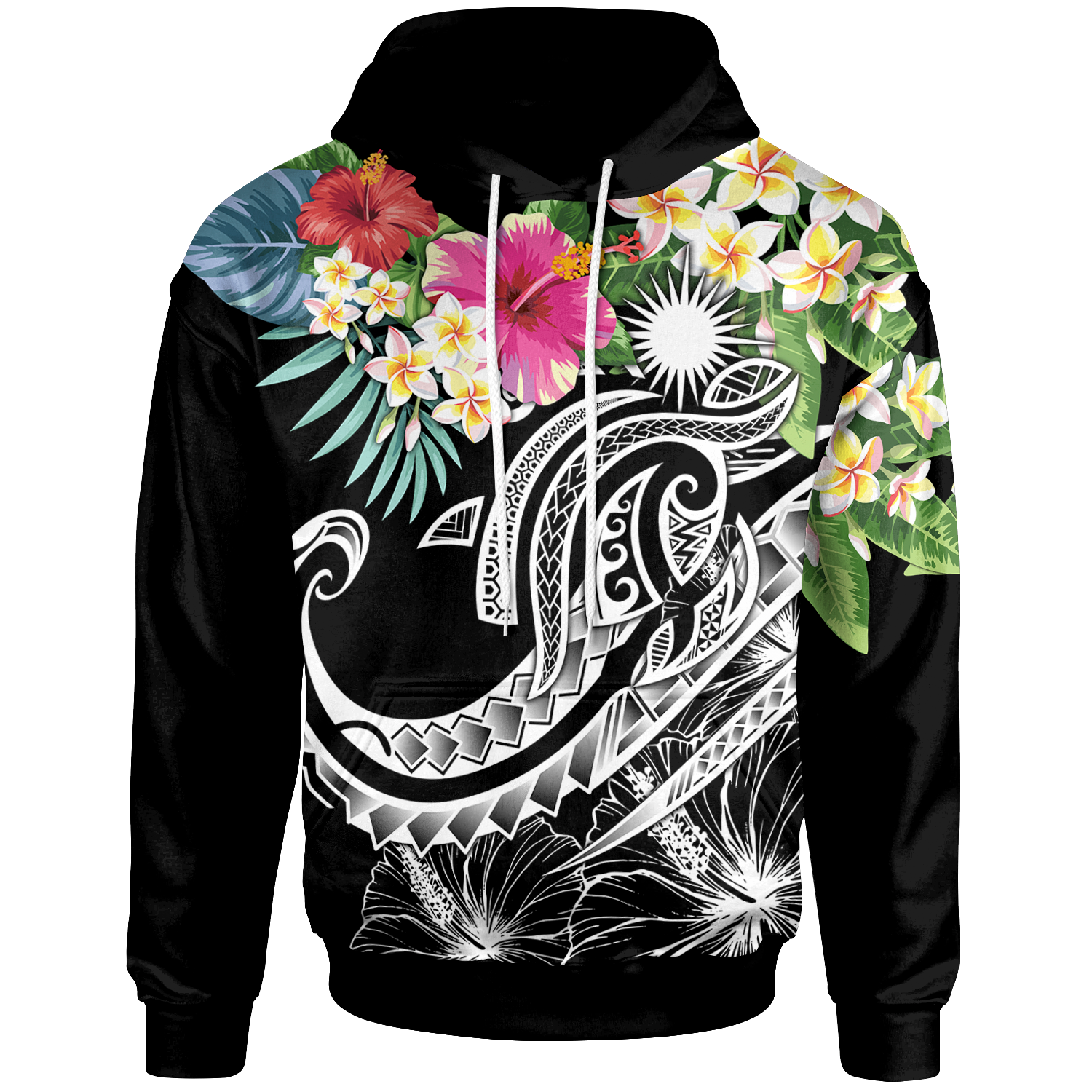 Marshall Islands Polynesian Hoodie Summer Plumeria (Black)