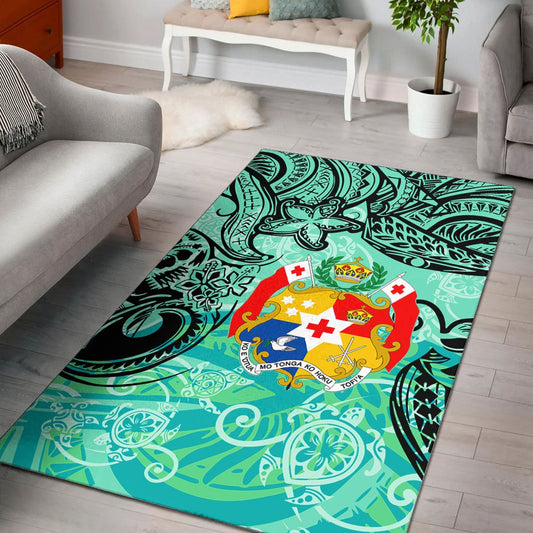 Tonga Polynesian Area Rug Vintage Floral Pattern Green Color