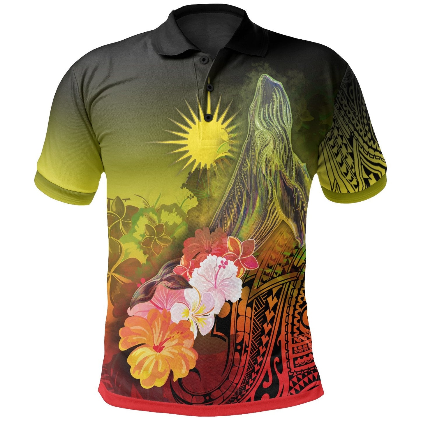Marshall Islands Polo Shirt - Humpback Whale with Tropical Flowers Yellow