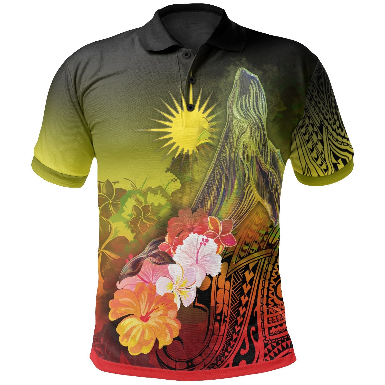 Marshall Islands Polo Shirt - Humpback Whale with Tropical Flowers Yellow