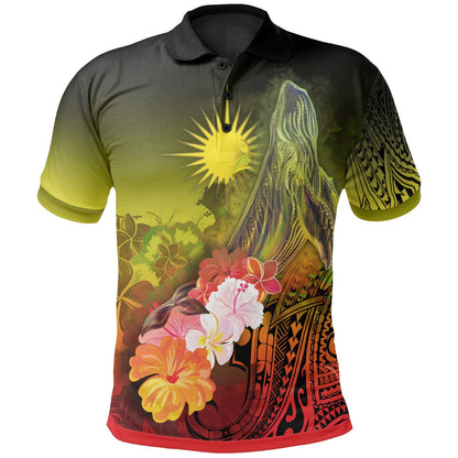 Marshall Islands Polo Shirt - Humpback Whale with Tropical Flowers Yellow