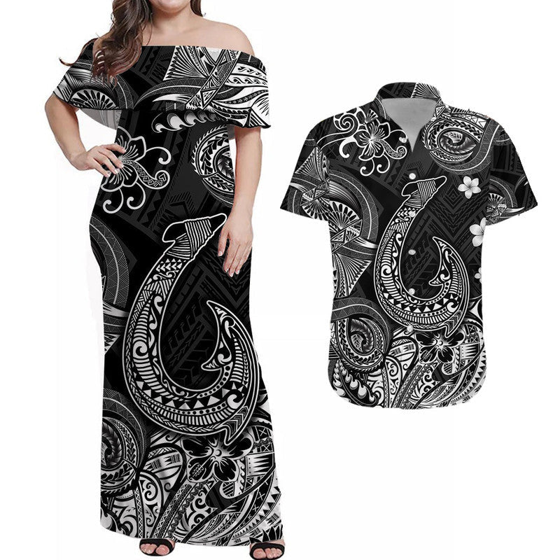 Hawaii Fish Hook Polynesian Combo Dress and Hawaiian Shirt Matching Couples Outfit Unique Style Black