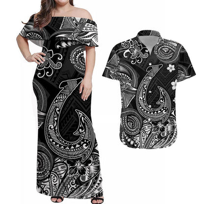 Hawaii Fish Hook Polynesian Combo Dress and Hawaiian Shirt Matching Couples Outfit Unique Style Black