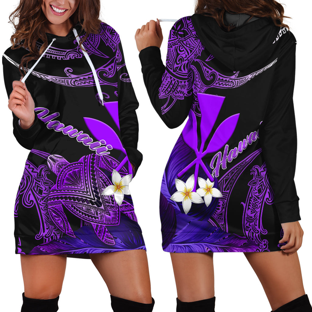 Hawaii Turtle With Plumeria Leaf Purple Women Hoodie Dress