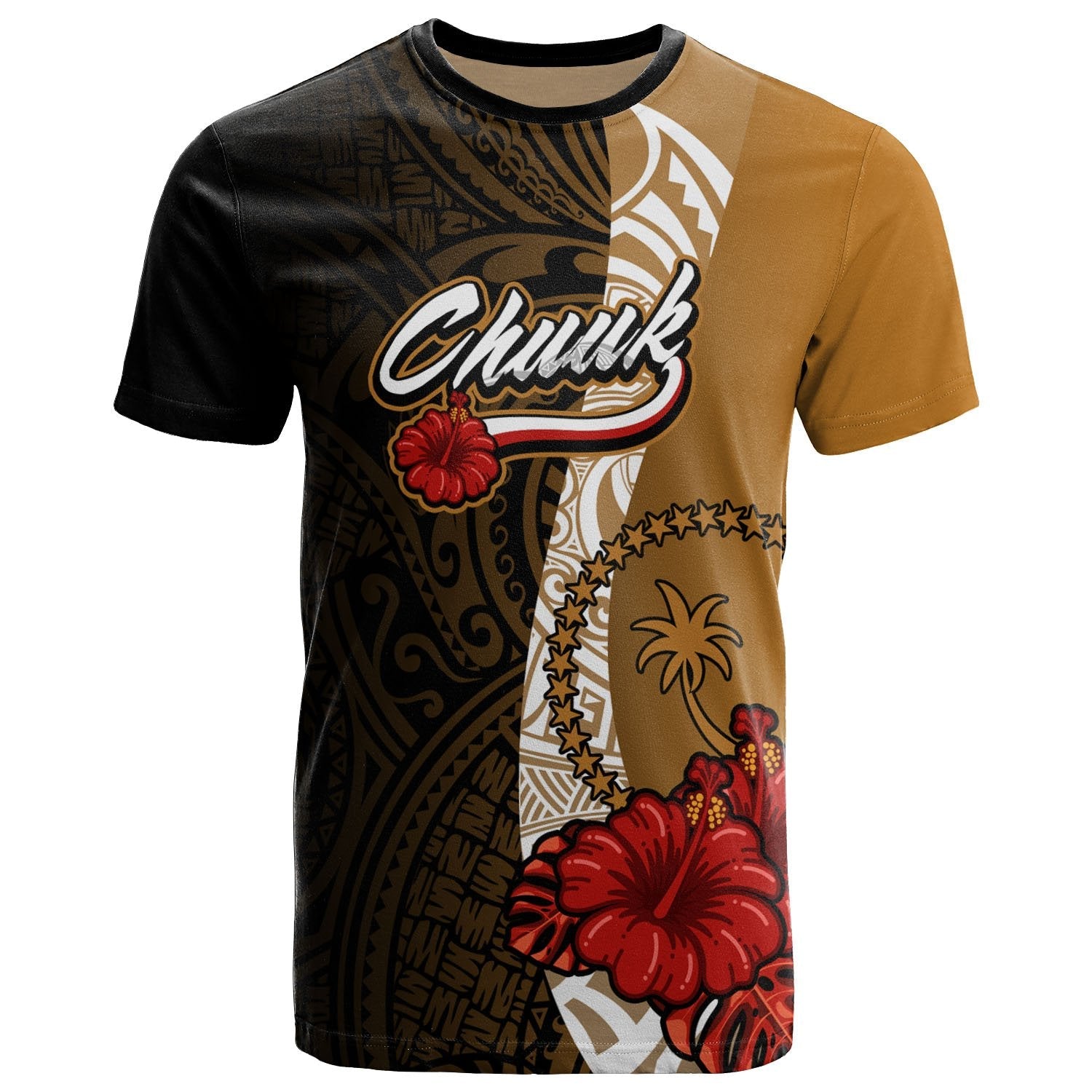Chuuk Micronesia T Shirt Coat Of Arms With Hibiscus Gold