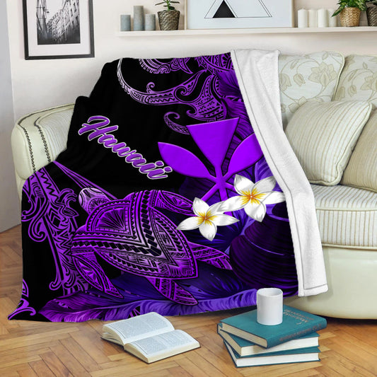 Hawaii Turtle With Plumeria Leaf Purple Blanket