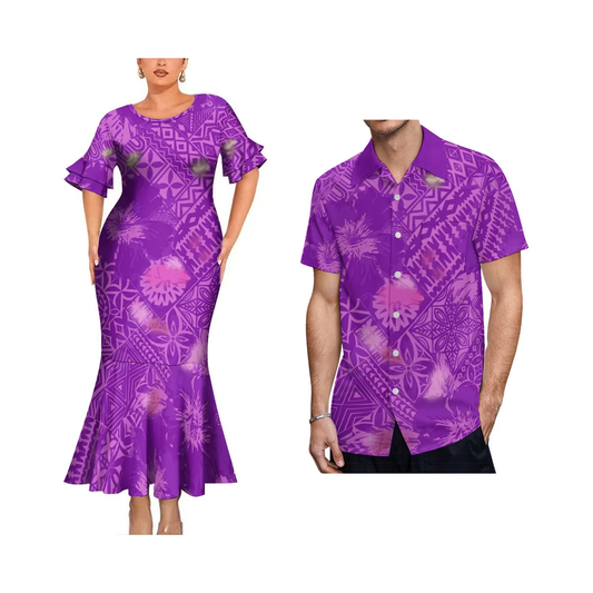 Purple Polynesian Geometric Couple Matching Outfit Women Crew Neck Mermaid Dress and Shirt