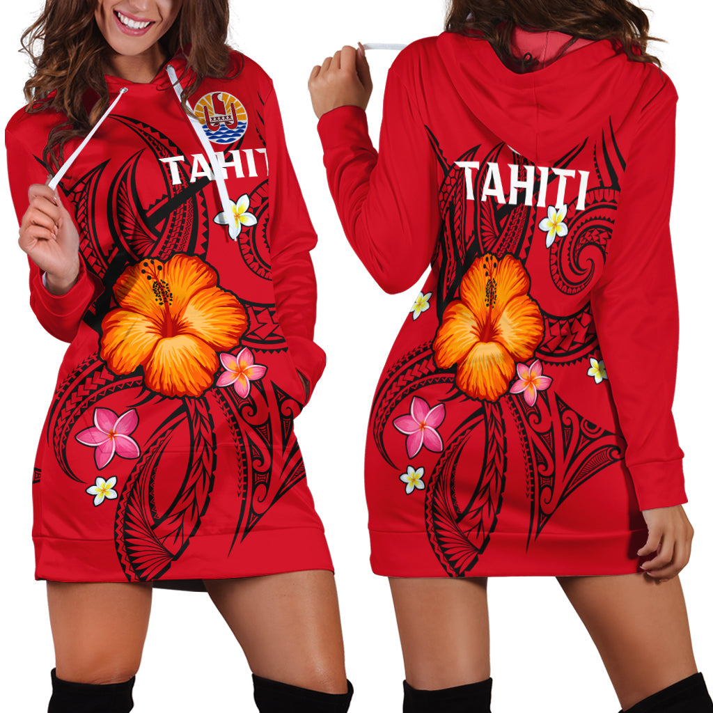 French Polynesia Hoodie Dress Hibiscus With Tribal