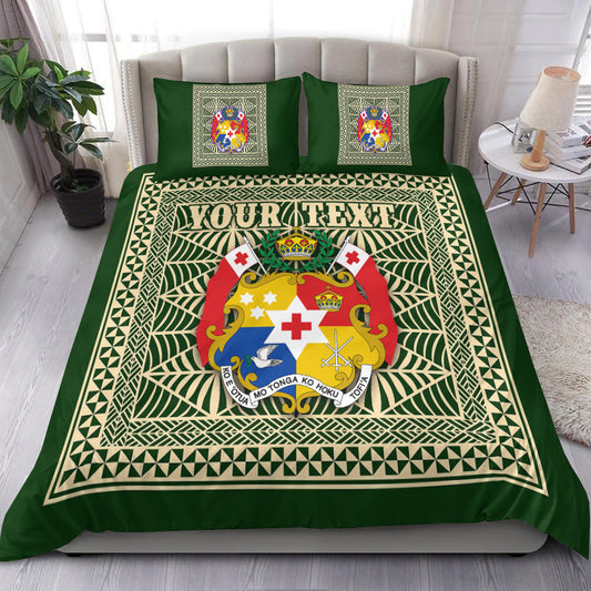(Custom Personalised) Tonga Pattern Bedding Set Coat of Arms Green and Beige