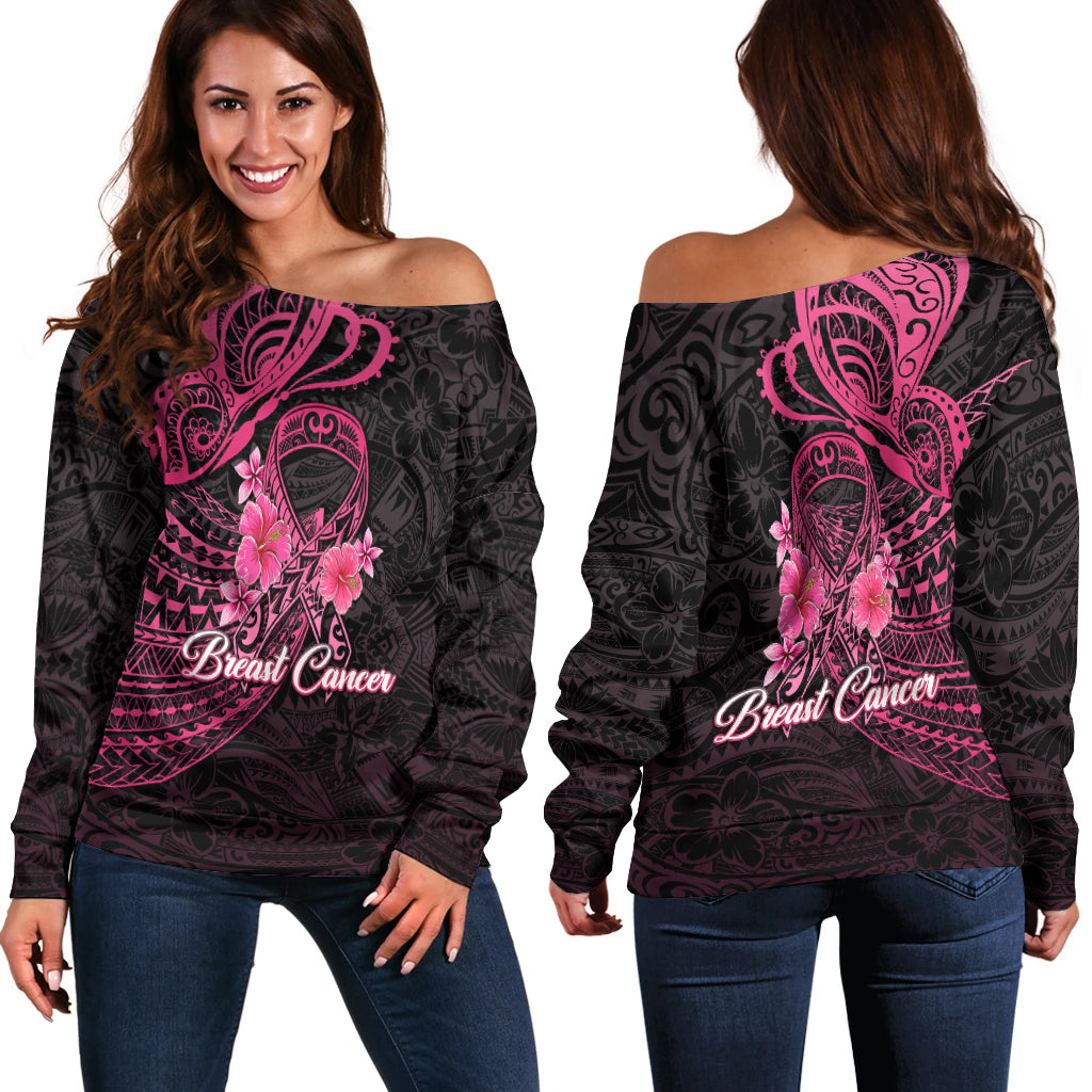 Breast Cancer Pink Ribbon Butterfly Polynesian Black Version Women Off Shoulder Sweater