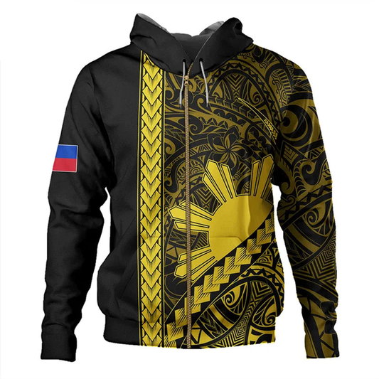 Philippines Hoodie Coat Of Arm Yellow Polynesian Pattern Style Zip Hoodie