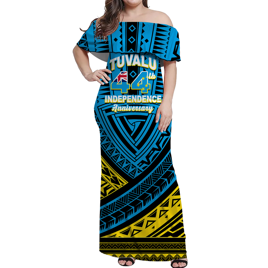 Tuvalu Off Shoulder Long Dress 44th Independence Anniversary Tribal Pattern