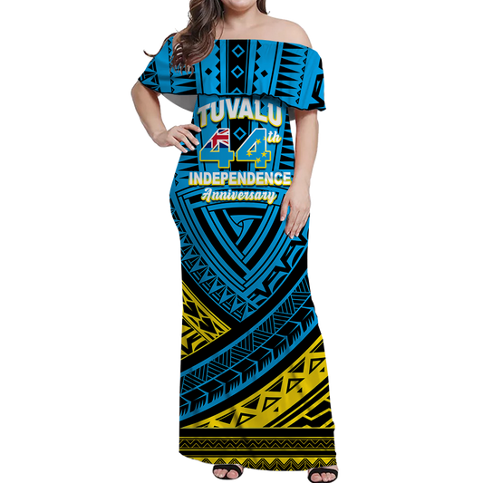 Tuvalu Off Shoulder Long Dress 44th Independence Anniversary Tribal Pattern
