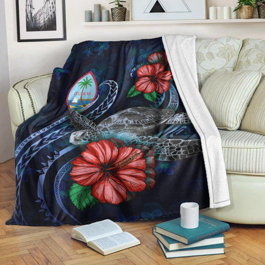 Guam Polynesian Premium Blanket Blue Turtle Hibiscus