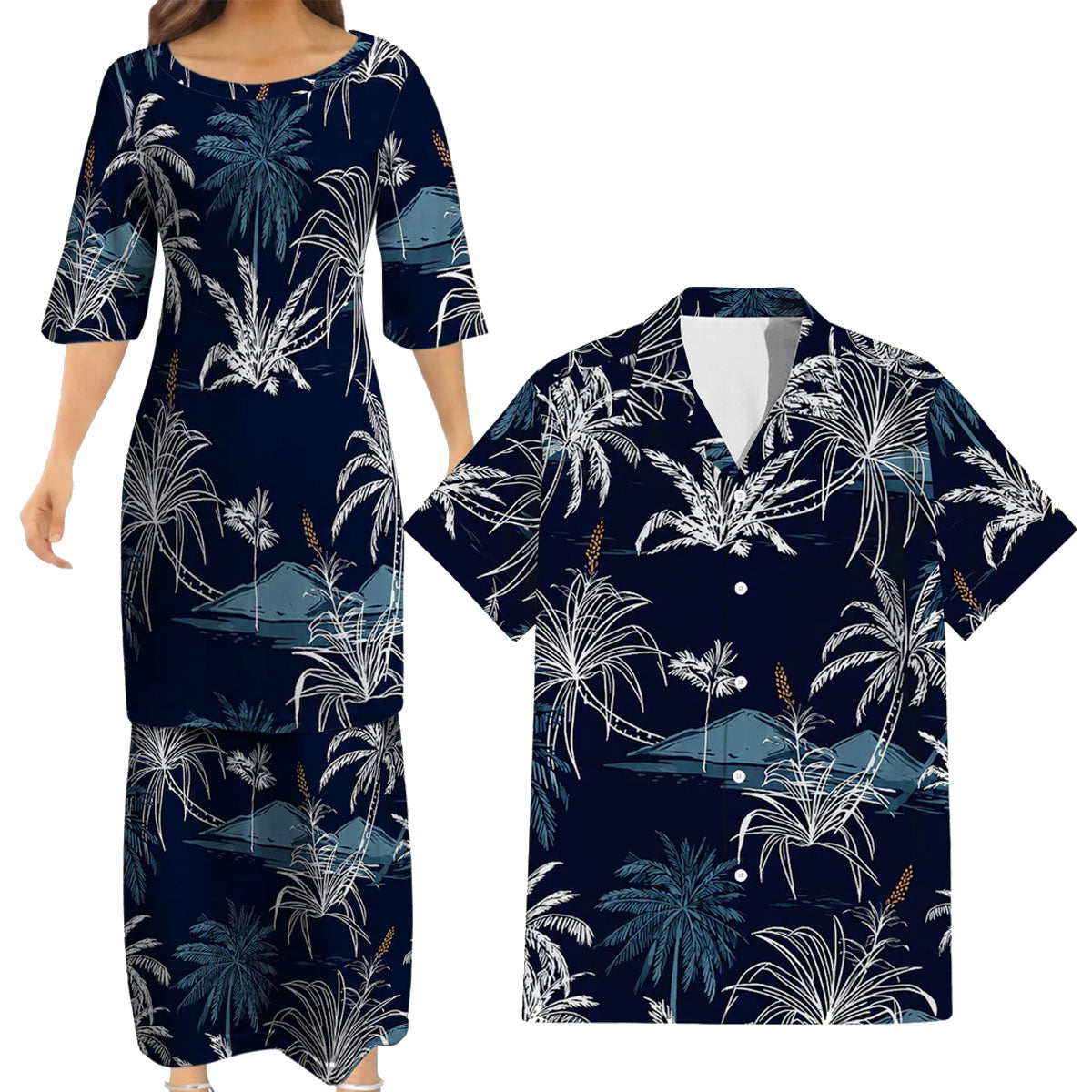 Vintage Polynesian Coconut Tree Tropical Island Puletasi Dress Man Shirt For Her Him