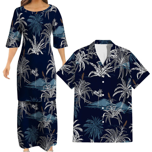 Vintage Polynesian Coconut Tree Tropical Island Puletasi Dress Man Shirt For Her Him
