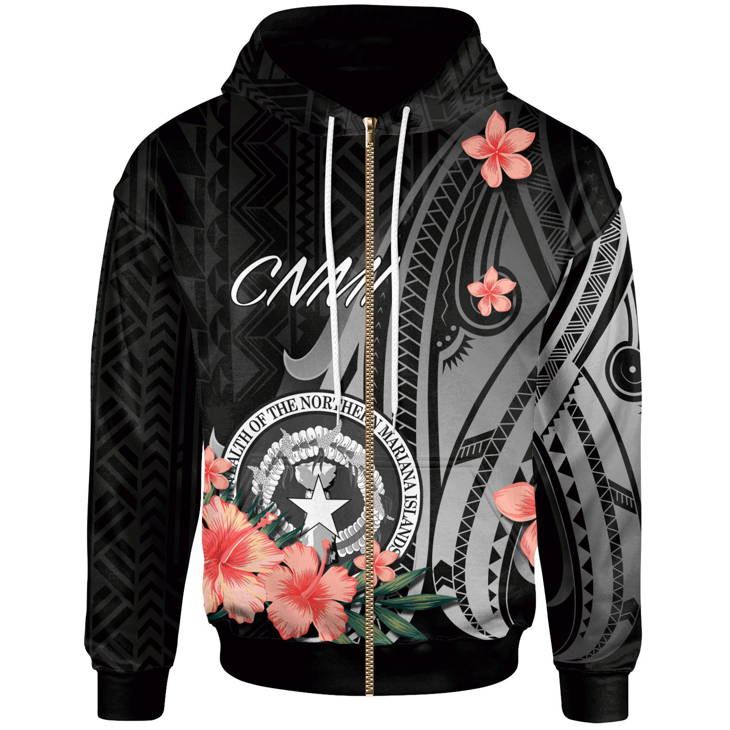 Northern Mariana Islands Zip Hoodie Polynesian Hibiscus Pattern Style