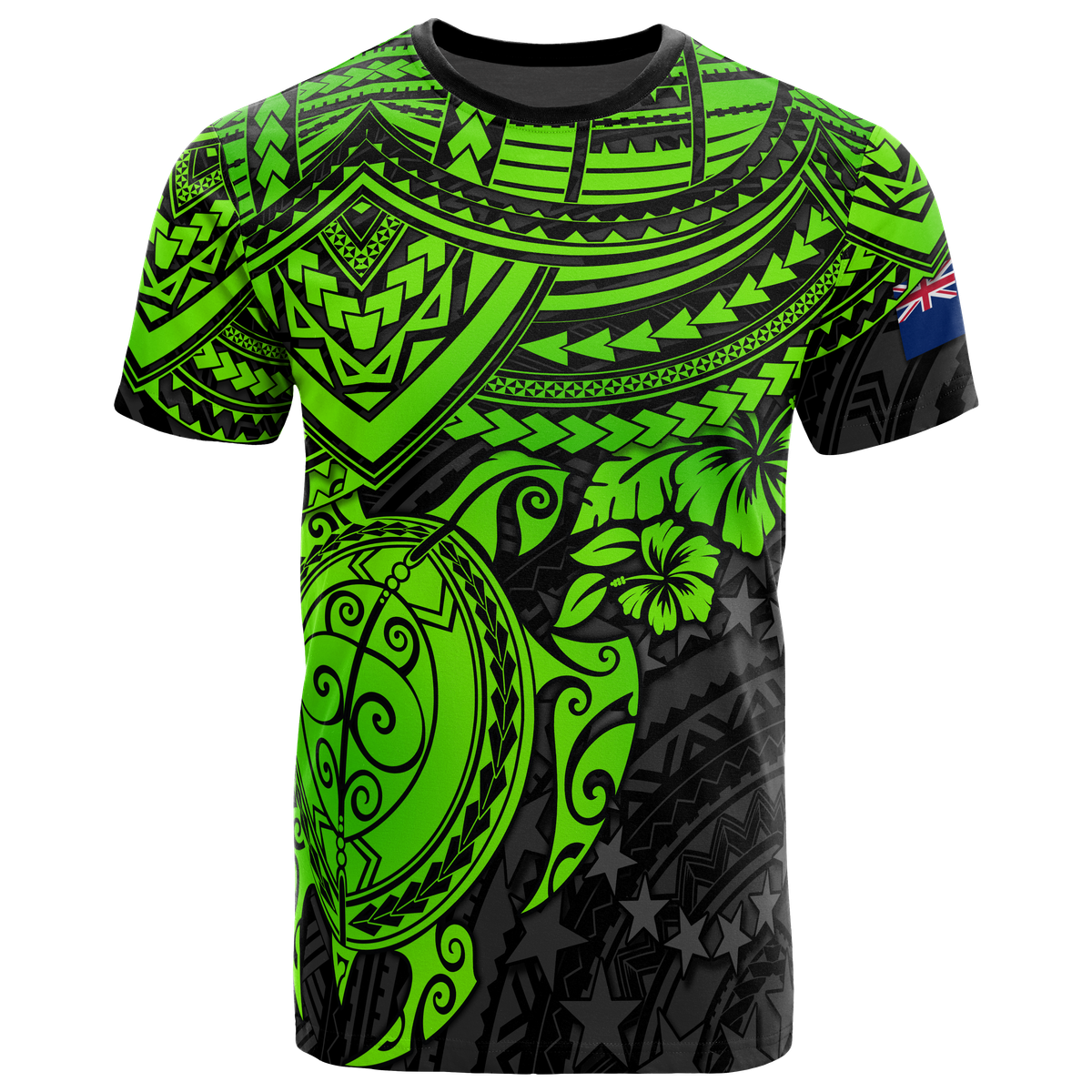 Cook Islands Polynesian T Shirt Cook Islands Flag Green Turtle Hibiscus