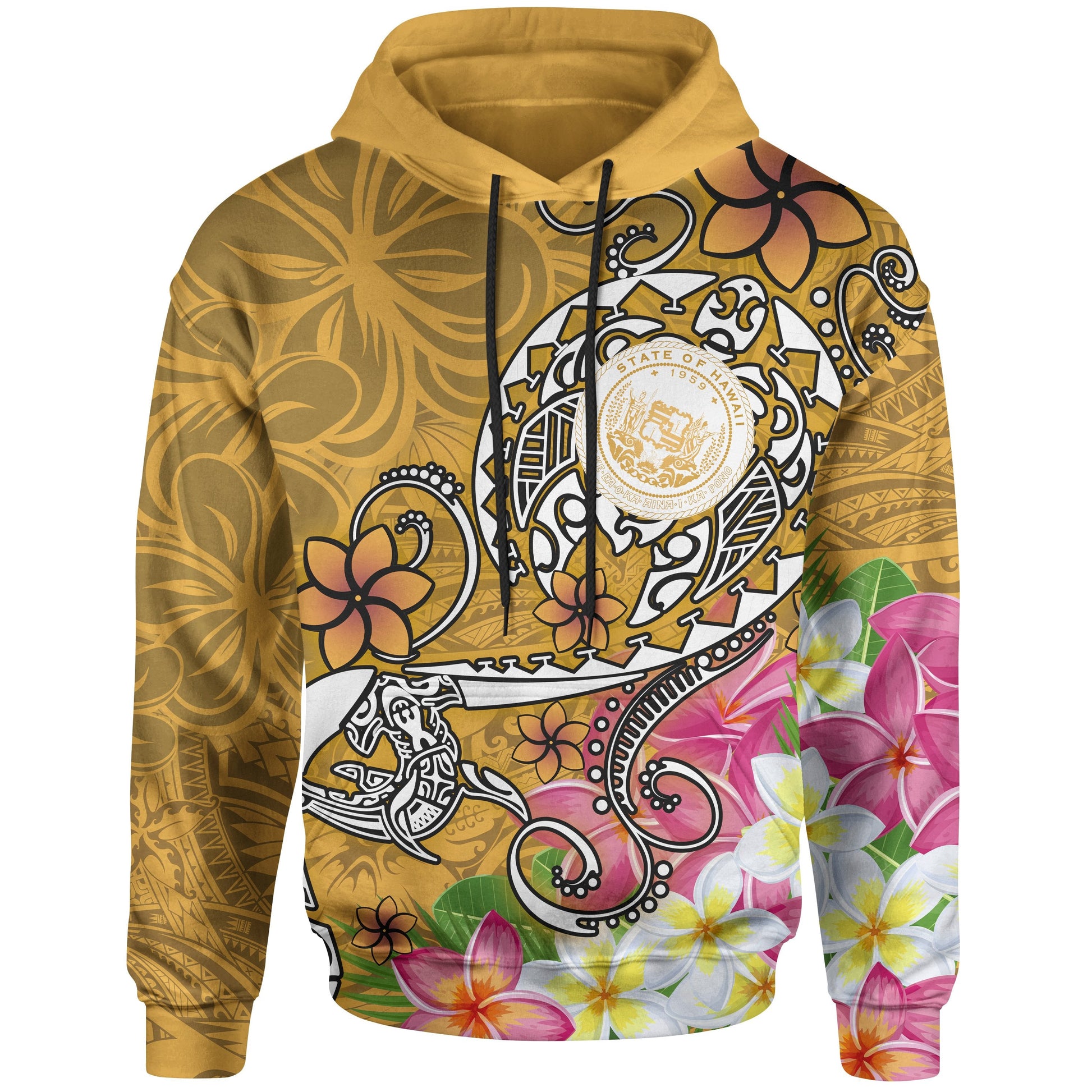 Hawaii Polynesian Hoodie Hawaii Seal With Turtle Plumeria (Gold)