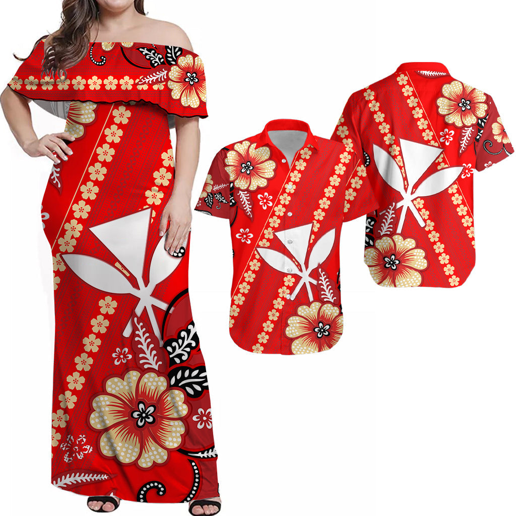 Hawaii Matching Clothes For Couples Hawaii Combo Dress and Hawaiian Shirt Kakau Tribal Red Batik Floral Ver.01