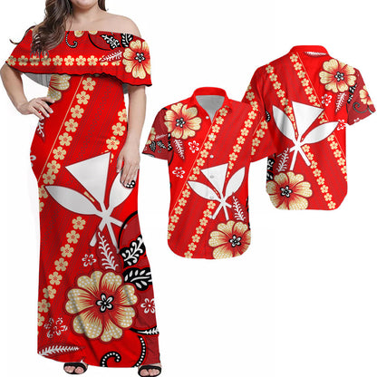 Hawaii Matching Clothes For Couples Hawaii Combo Dress and Hawaiian Shirt Kakau Tribal Red Batik Floral Ver.01