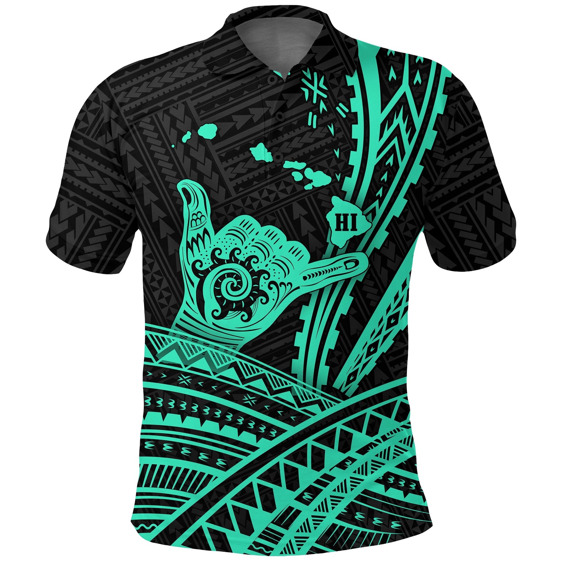 Hawaii Shaka Polynesian Tribal Turquoise Polo Shirt -