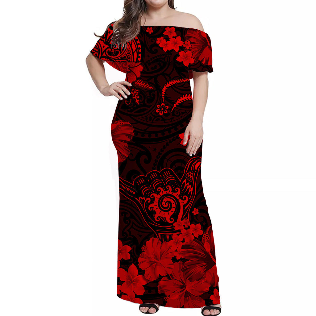 Hawaii Off Shoulder Long Dress Polynesia Red Cool Shaka Sign