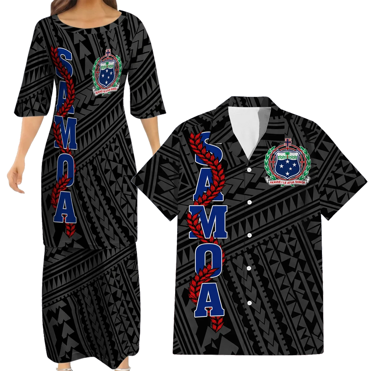 Samoa Coat Of Arms Couple Outfit Matching Polynesian Tribal Pattern Black Dress And Hawaiian Shirt For Her Him