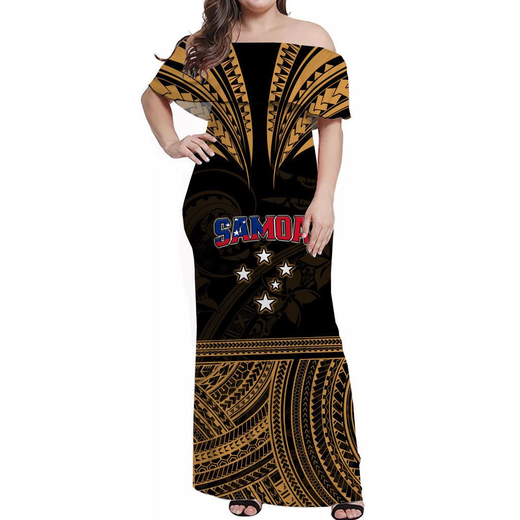 Custom Personalised Samoa Tatau Off Shoulder Long Dress Gold Polynesian Proud Samoan