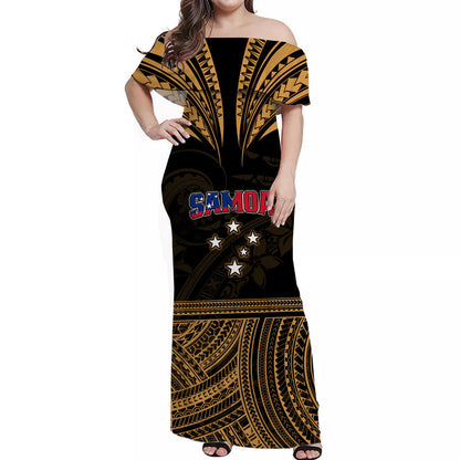 Custom Personalised Samoa Tatau Off Shoulder Long Dress Gold Polynesian Proud Samoan