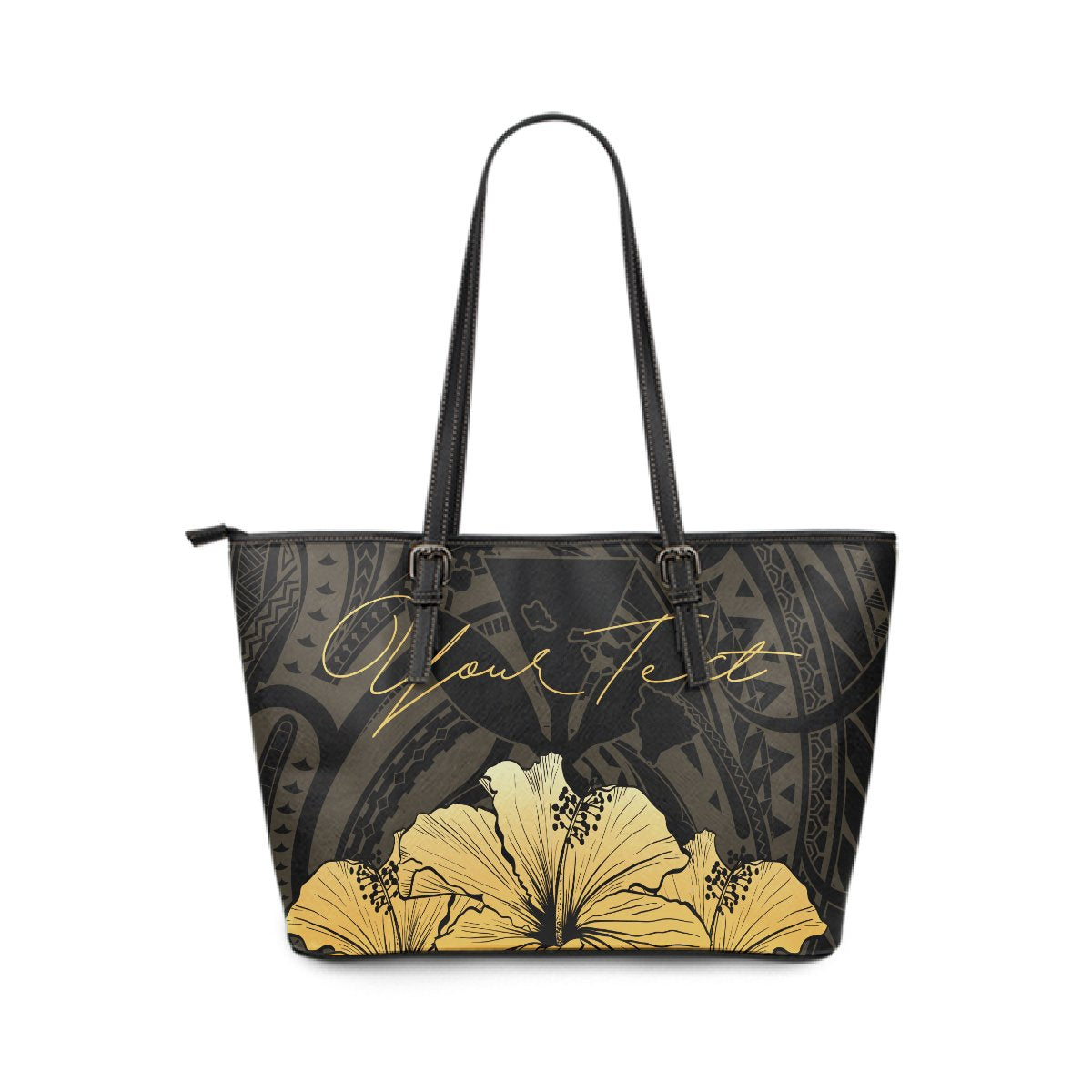 Personalised - Hawaii Royal Hibiscus Polynesian Tribal Large Leather Tote Bag Gold AH