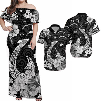 Hawaiian Matching Outfits For Couples Hawaii Combo Dress and Hawaiian Shirt Polynesia White Fish Hook