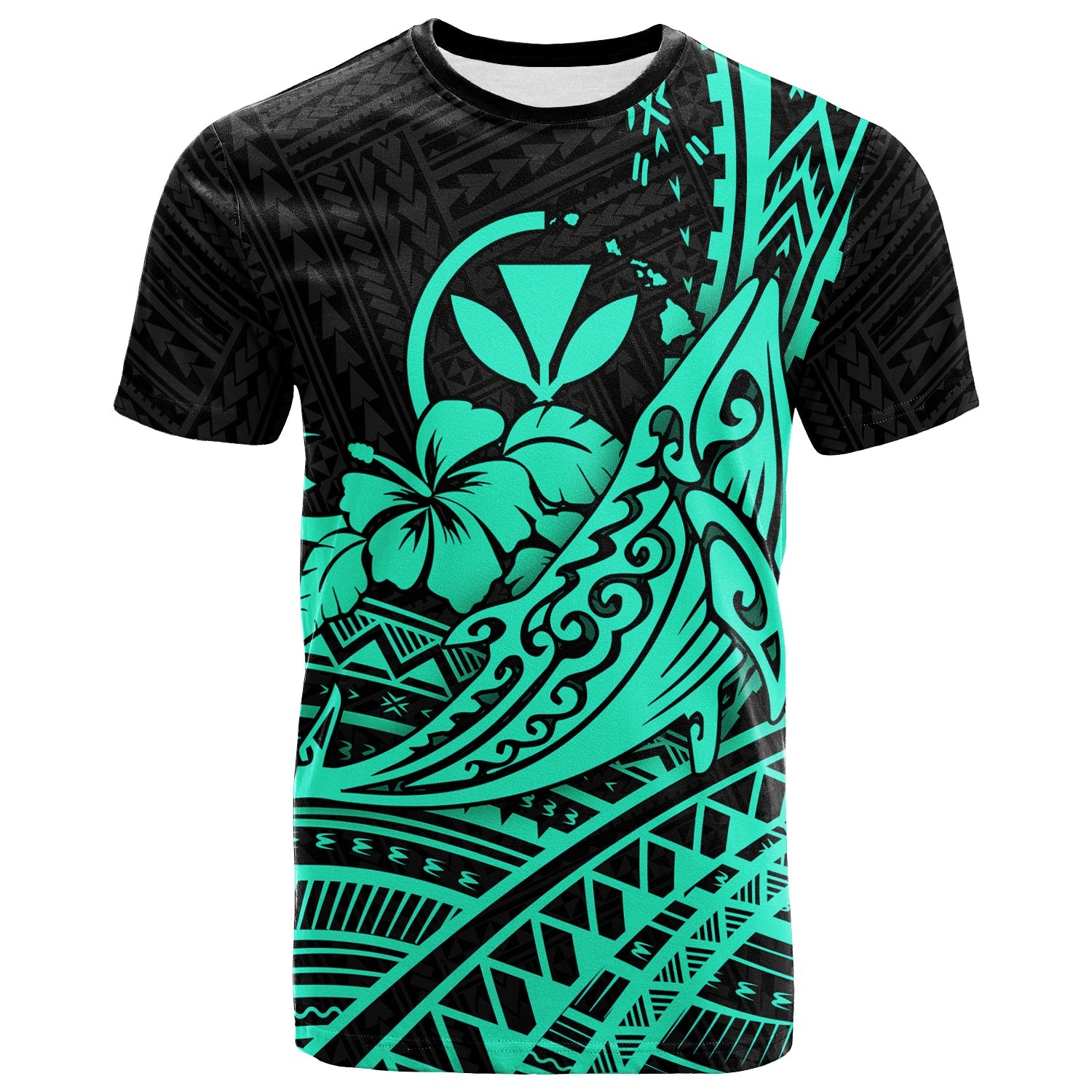 Hawaii Humpback Whale With Hibiscus Tribal Turquoise T - Shirt -