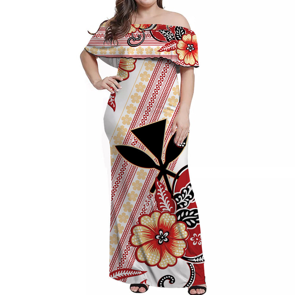 Hawaii Off Shoulder Long Dress Kakau Tribal Red Batik Floral Ver.02